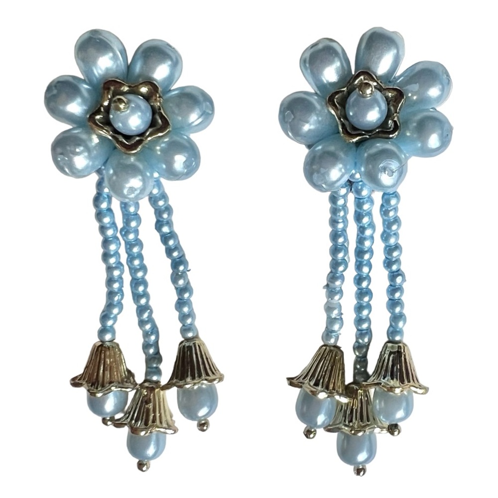Fun Retro Fringe Earrings Beaded Ear Clips Powder Blue Dangles Vintage Jewelry